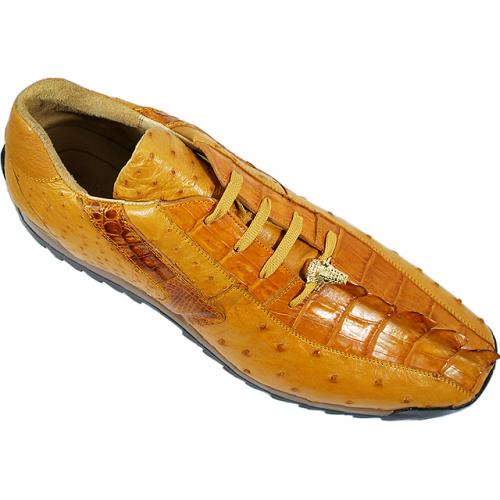 Belvedere "Forte 3001" Mustard / Gold Antique Saddle Genuine Hornback Crocodile / Ostrich Sneakers